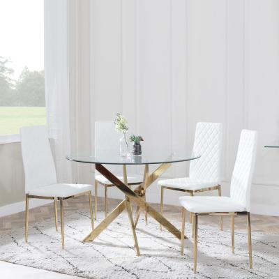 Chopstick Clear Glass And Gold Metal 4 Seater Round Dining Set 4 Metro White Leather Chairs With Gold Legs