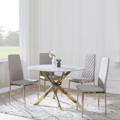 Chopstick Grey Glass And Gold Metal 4 Seater Round Dining Set 4 Metro Beige Leather Chairs With Gold Legs