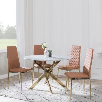 Chopstick Grey Glass And Gold Metal 4 Seater Round Dining Set 4 Metro Burnt Orange Leather Chairs With Gold Legs