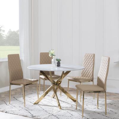 Chopstick Grey Glass And Gold Metal 4 Seater Round Dining Set 4 Metro Cappuccino Leather Chairs With Gold Legs