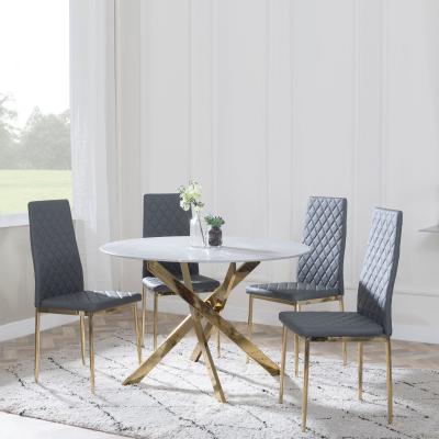 Chopstick Grey Glass And Gold Metal 4 Seater Round Dining Set 4 Metro Grey Leather Chairs With Gold Legs