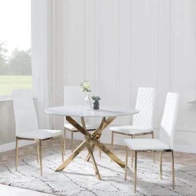 Chopstick Grey Glass And Gold Metal 4 Seater Round Dining Set 4 Metro White Leather Chairs With Gold Legs