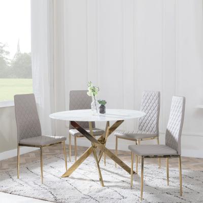 Chopstick White Glass And Gold Metal 4 Seater Round Dining Set 4 Metro Beige Leather Chairs With Gold Legs