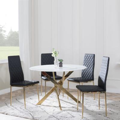 Chopstick White Glass And Gold Metal 4 Seater Round Dining Set 4 Metro Black Leather Chairs With Gold Legs