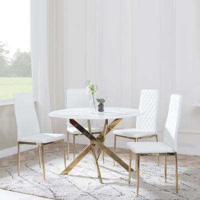 Chopstick White Glass And Gold Metal 4 Seater Round Dining Set 4 Metro White Leather Chairs With Gold Legs