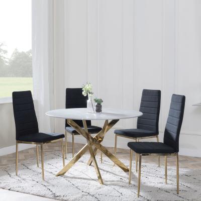 Chopstick Grey Glass And Gold Metal 4 Seater Round Dining Set 4 Lido Black Fabric Chairs With Gold Legs