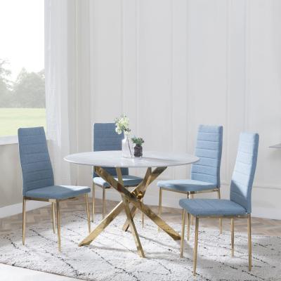 Chopstick Grey Glass And Gold Metal 4 Seater Round Dining Set 4 Lido Blue Fabric Chairs With Gold Legs