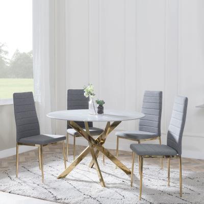 Chopstick Grey Glass And Gold Metal 4 Seater Round Dining Set 4 Lido Dark Grey Fabric Chairs With Gold Legs