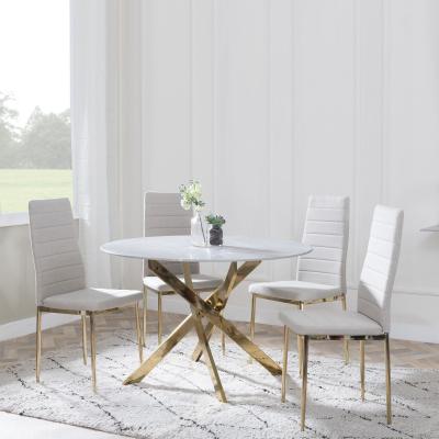 Chopstick Grey Glass And Gold Metal 4 Seater Round Dining Set 4 Lido Sand Fabric Chairs With Gold Legs