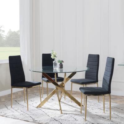 Chopstick Clear Glass And Gold Metal 4 Seater Round Dining Set 4 Lido Black Fabric Chairs With Gold Legs