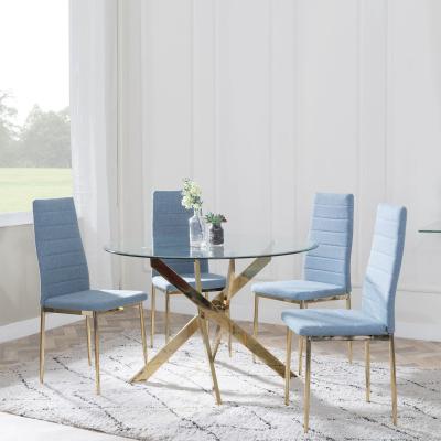 Chopstick Clear Glass And Gold Metal 4 Seater Round Dining Set 4 Lido Blue Fabric Chairs With Gold Legs