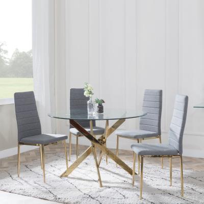 Chopstick Clear Glass And Gold Metal 4 Seater Round Dining Set 4 Lido Dark Grey Fabric Chairs With Gold Legs