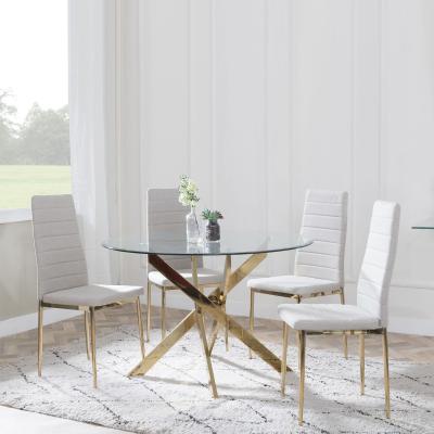 Chopstick Clear Glass And Gold Metal 4 Seater Round Dining Set 4 Lido Sand Fabric Chairs With Gold Legs