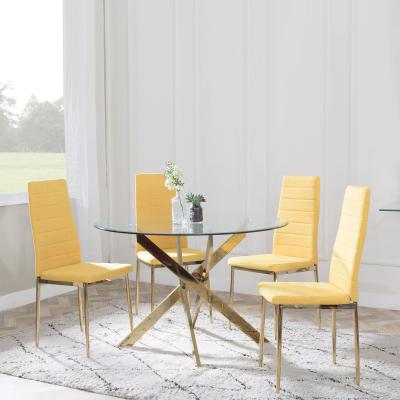 Chopstick Clear Glass And Gold Metal 4 Seater Round Dining Set 4 Lido Yellow Fabric Chairs With Gold Legs