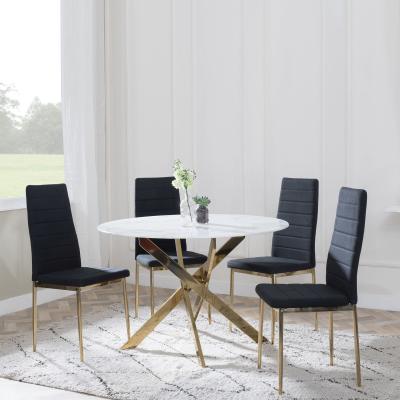 Chopstick White Glass And Gold Metal 4 Seater Round Dining Set 4 Lido Black Fabric Chairs With Gold Legs