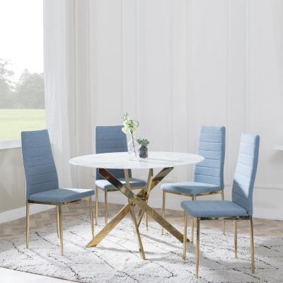 Chopstick White Glass And Gold Metal 4 Seater Round Dining Set 4 Lido Blue Fabric Chairs With Gold Legs