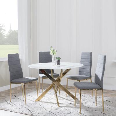 Chopstick White Glass And Gold Metal 4 Seater Round Dining Set 4 Lido Dark Grey Fabric Chairs With Gold Legs