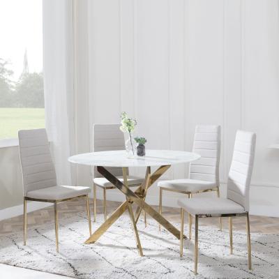 Chopstick White Glass And Gold Metal 4 Seater Round Dining Set 4 Lido Sand Fabric Chairs With Gold Legs