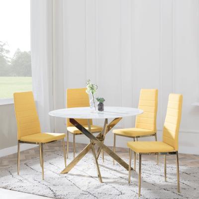 Chopstick White Glass And Gold Metal 4 Seater Round Dining Set 4 Lido Yellow Fabric Chairs With Gold Legs