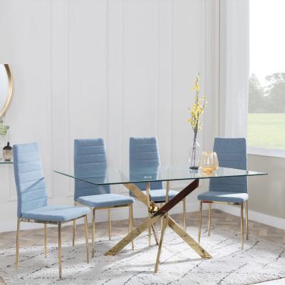 Chopstick Clear Glass And Gold Metal Dining Set Lido Blue Fabric Chairs With Gold Legs