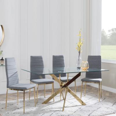 Chopstick Clear Glass And Gold Metal Dining Set Lido Dark Grey Fabric Chairs With Gold Legs