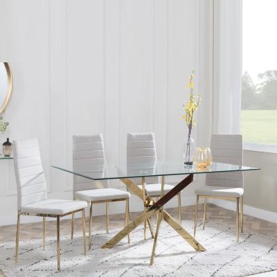 Chopstick Clear Glass And Gold Metal Dining Set Lido Sand Fabric Chairs With Gold Legs