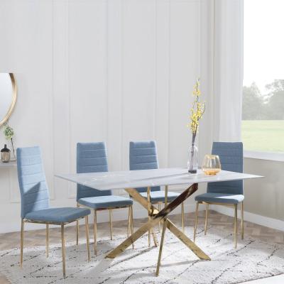 Chopstick Grey Glass And Gold Metal Dining Set Lido Blue Fabric Chairs With Gold Legs