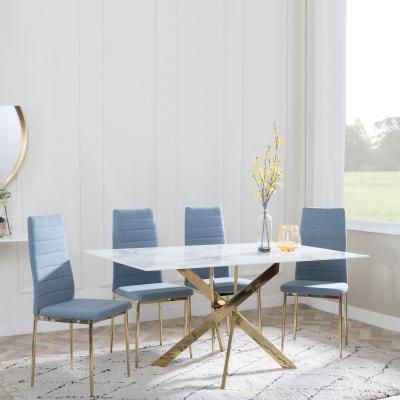 Chopstick White Glass And Gold Metal Dining Set Lido Blue Fabric Chairs With Gold Legs