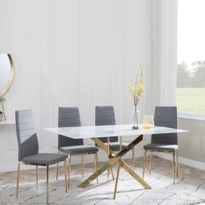 Chopstick White Glass And Gold Metal Dining Set Lido Dark Grey Fabric Chairs With Gold Legs