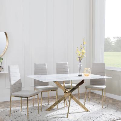 Chopstick White Glass And Gold Metal Dining Set Lido Sand Fabric Chairs With Gold Legs