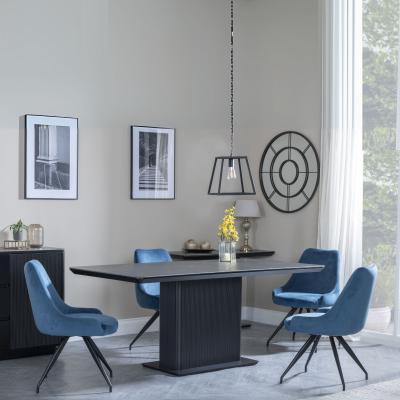 Morgan Black Ceramic Fluted Dining Set Arctic Blue Velvet Fabric Swivel Dining Chair