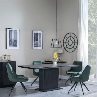 Morgan Black Ceramic Fluted Dining Set Arctic Green Velvet Fabric Swivel Dining Chair