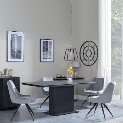 Morgan Black Ceramic Fluted Dining Set Arctic Grey Velvet Fabric Swivel Dining Chair