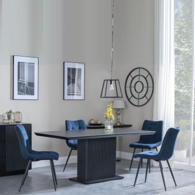 Morgan Black Ceramic Fluted Dining Set Corona Blue Fabric Chairs