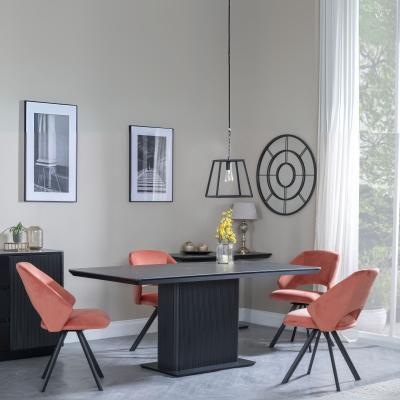 Morgan Black Ceramic Fluted Dining Set Ion Orange Velvet Fabric Swivel Dining Chair