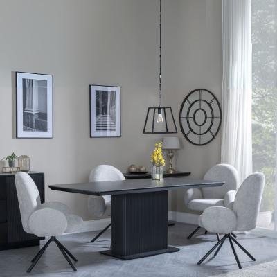 Morgan Black Ceramic Fluted Dining Set Theo Grey Fabric Swivel Dining Chair