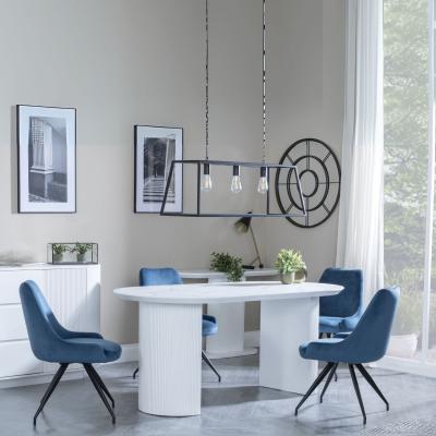 Luxor White Marble Effect Oval Dining Set Arctic Blue Velvet Fabric Swivel Dining Chair