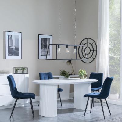 Luxor White Marble Effect Oval Dining Set Corona Blue Fabric Chairs