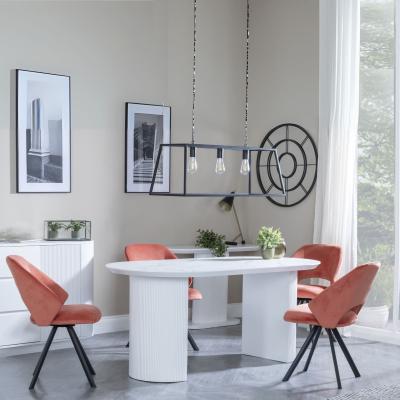 Luxor White Marble Effect Oval Dining Set Ion Orange Velvet Fabric Swivel Dining Chair