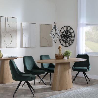 Palma Oak Oval Dining Set Arctic Green Velvet Fabric Swivel Dining Chair