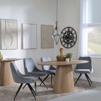 Palma Oak Oval Dining Set Arctic Grey Velvet Fabric Swivel Dining Chair