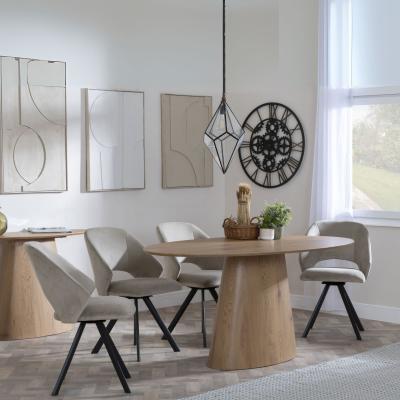 Palma Oak Oval Dining Set Ion Beige Velvet Fabric Swivel Dining Chair