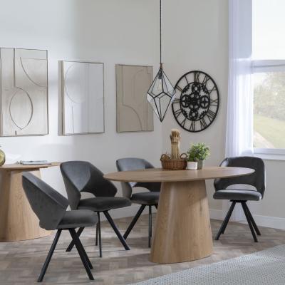 Palma Oak Oval Dining Set Ion Dark Grey Velvet Fabric Swivel Dining Chair