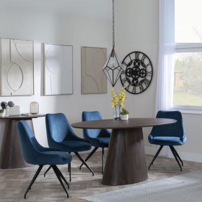 Palma Walnut Oval Dining Set Arctic Blue Velvet Fabric Swivel Dining Chair