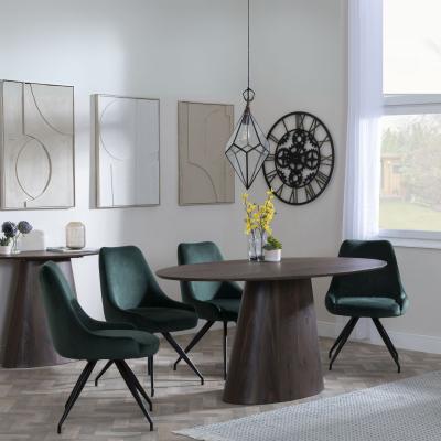 Palma Walnut Oval Dining Set Arctic Green Velvet Fabric Swivel Dining Chair