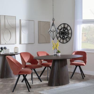 Palma Walnut Oval Dining Set Ion Orange Velvet Fabric Swivel Dining Chair