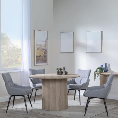 Bern Fluted Oak Effect 4 Seater Round Dining Set 4 Ace Grey Fabric Swivel Dining Chair