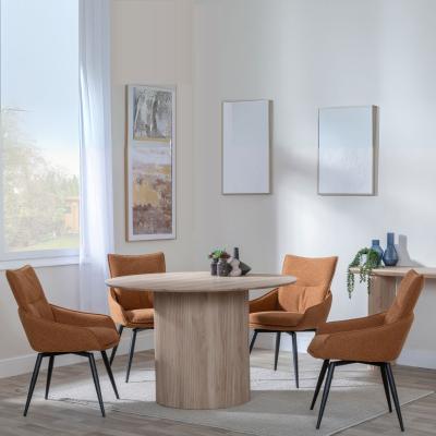 Bern Fluted Oak Effect 4 Seater Round Dining Set 4 Ace Orange Fabric Swivel Dining Chair