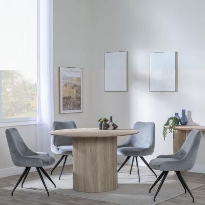 Bern Fluted Oak Effect 4 Seater Round Dining Set 4 Arctic Grey Velvet Fabric Swivel Dining Chair