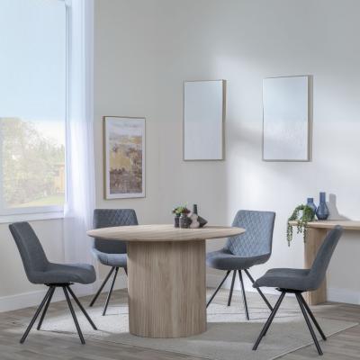 Bern Fluted Oak Effect 4 Seater Round Dining Set 4 Boden Grey Fabric Swivel Dining Chair